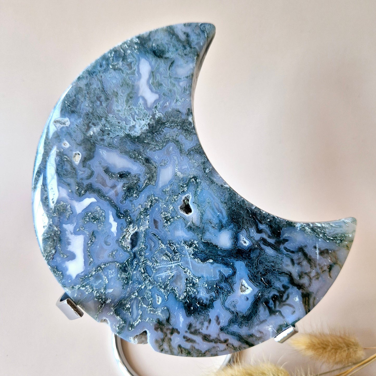 XL Edelsteen Mosagaat Maan op Standaard (Druzy & Patronen) #154 - 363g 14cm