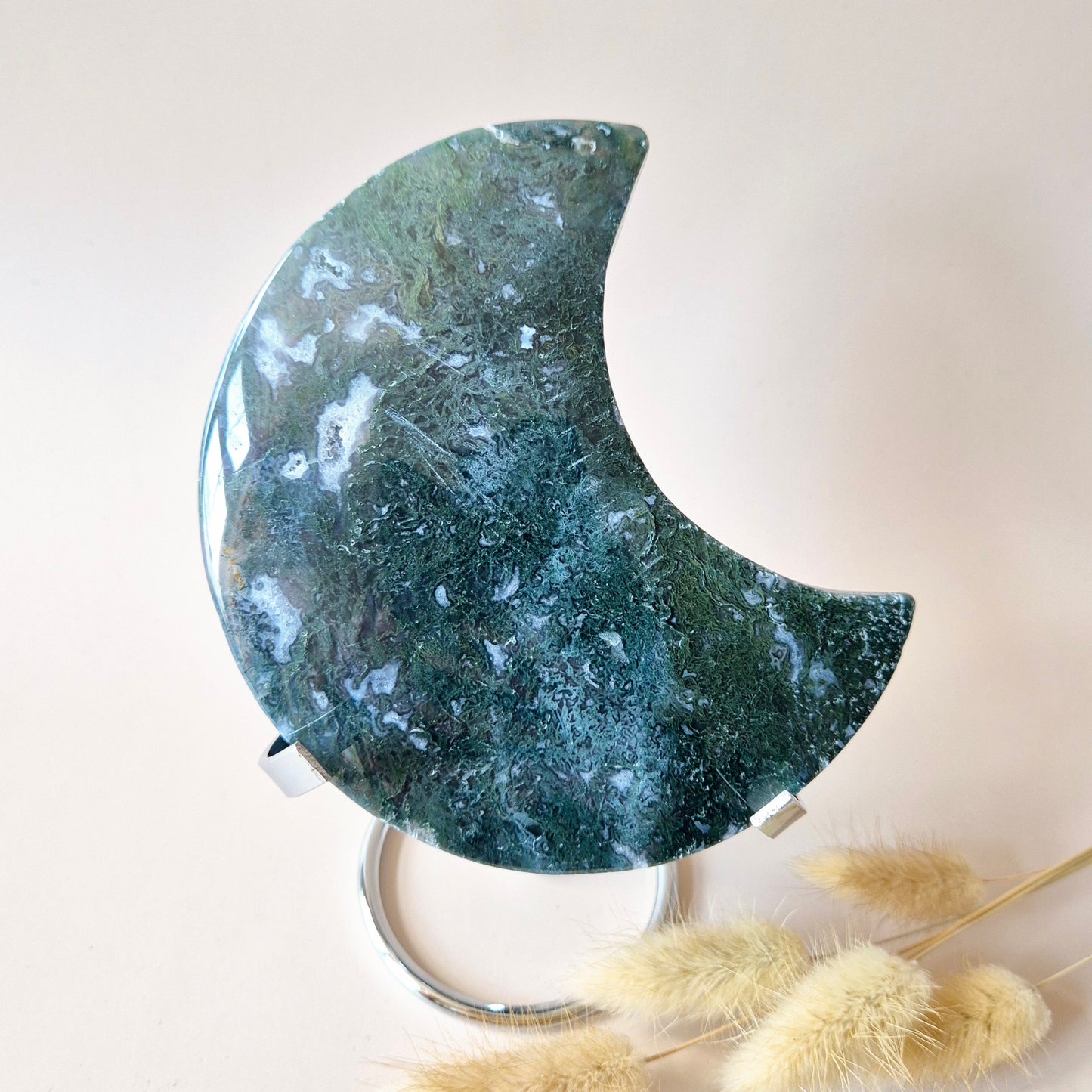 XL Edelsteen Mosagaat Maan op Standaard (Druzy & Patronen) #155 - 430g 13,7cm