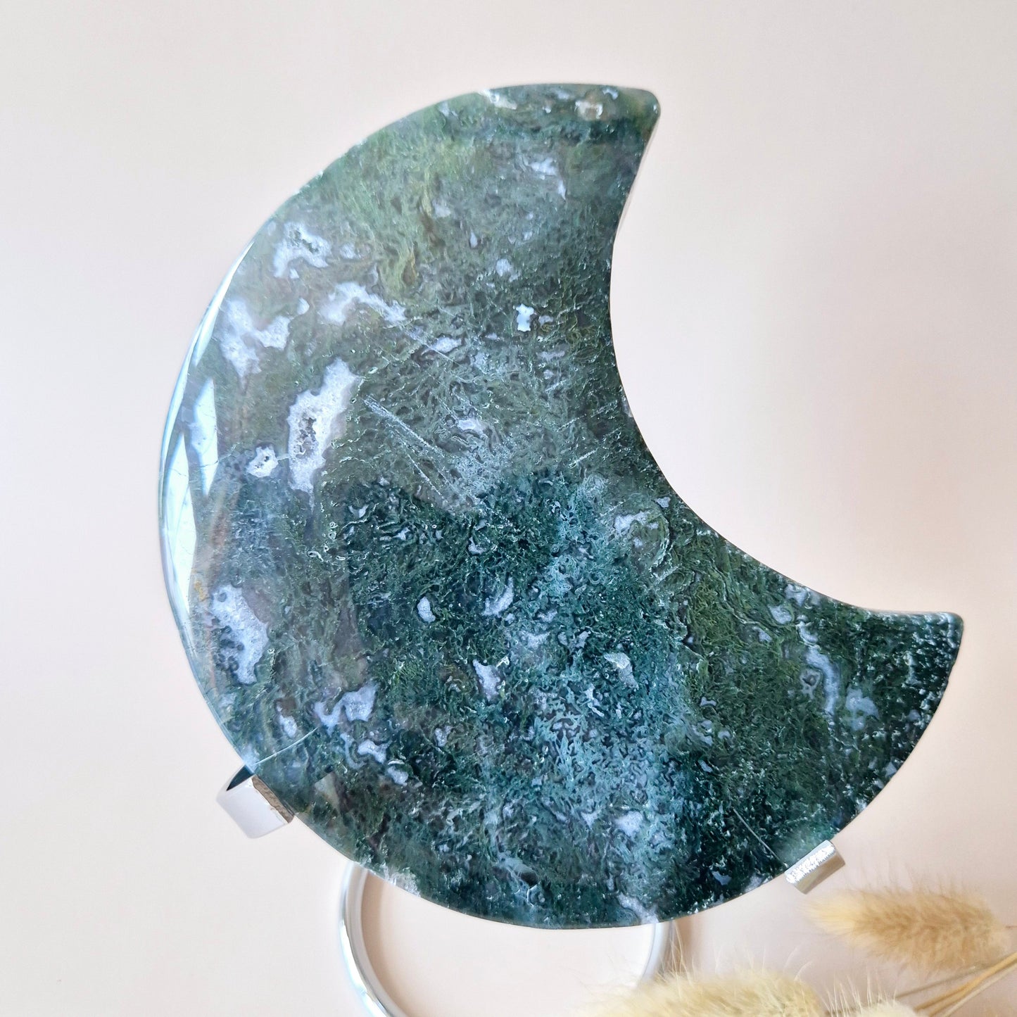 XL Edelsteen Mosagaat Maan op Standaard (Druzy & Patronen) #155 - 430g 13,7cm