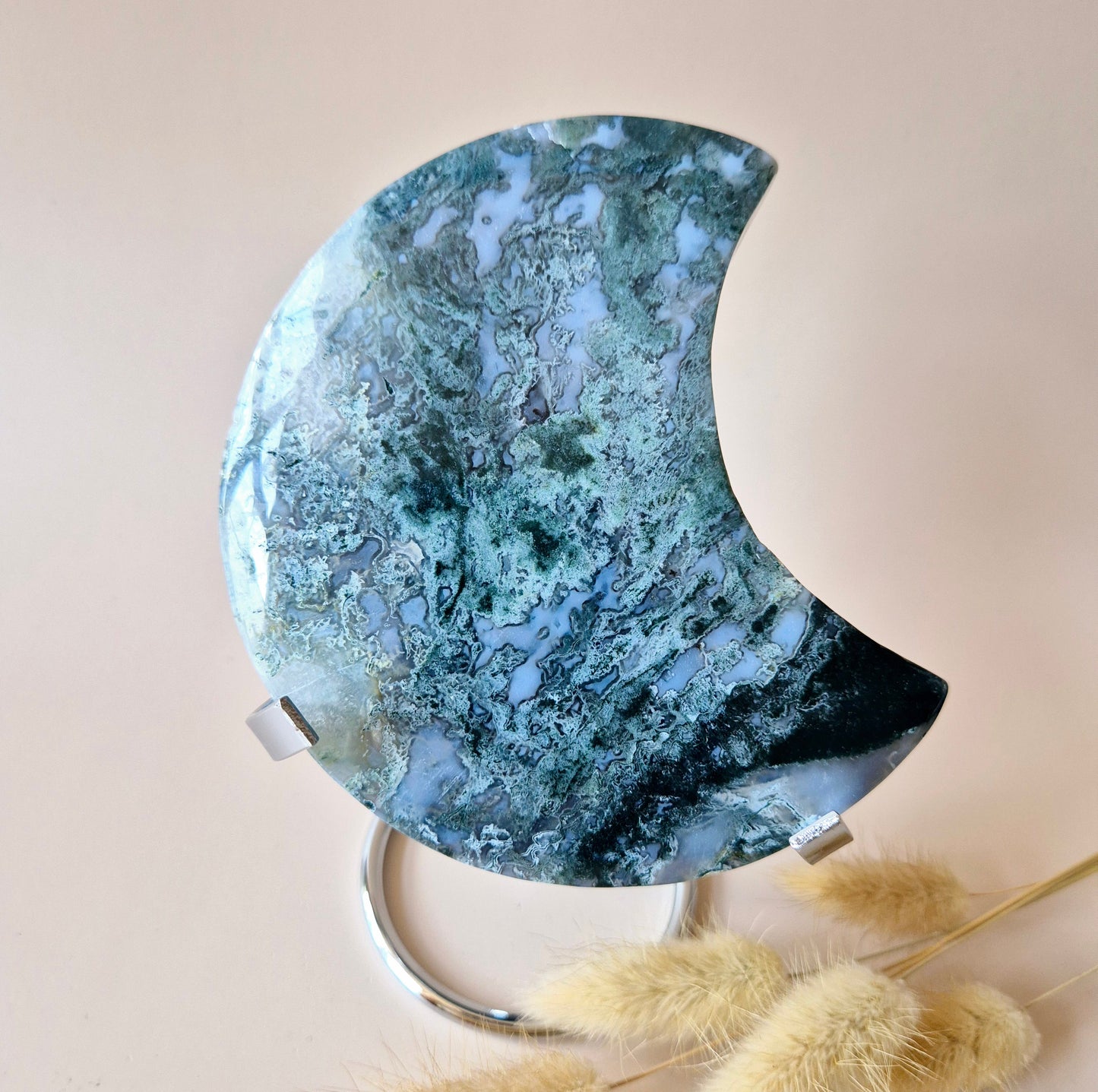 XL Edelsteen Mosagaat Maan op Standaard (Druzy & Patronen) #158 - 400g 12,7cm