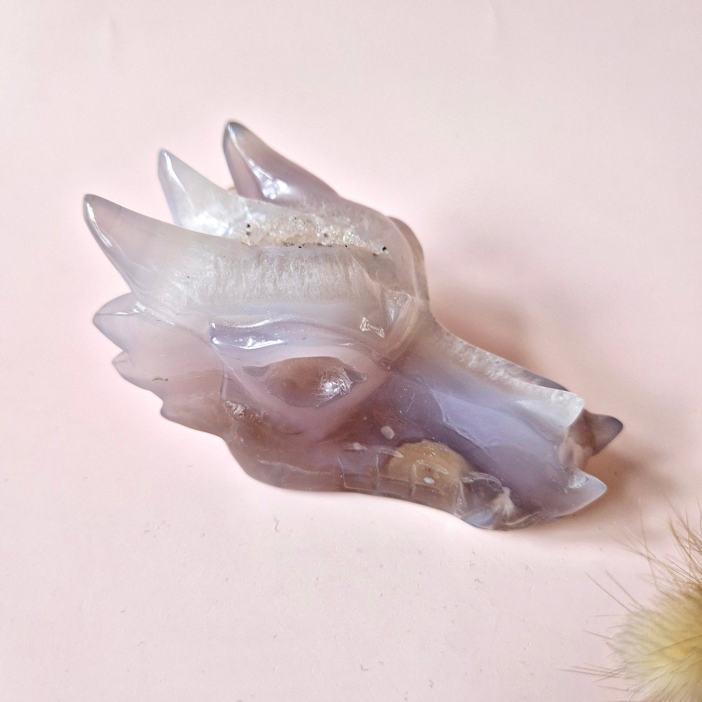 Gemstone Gray Druzy Agate Dragon Skull 228 grams – Power, Protection & Spiritual Healing