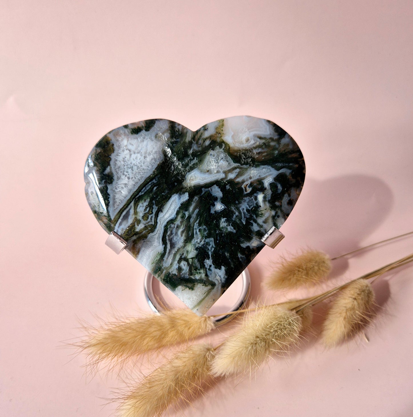 Edelstein Großes Druzy-Moosachat-Herz auf Metallständer – Nr. 67, 200 Gramm