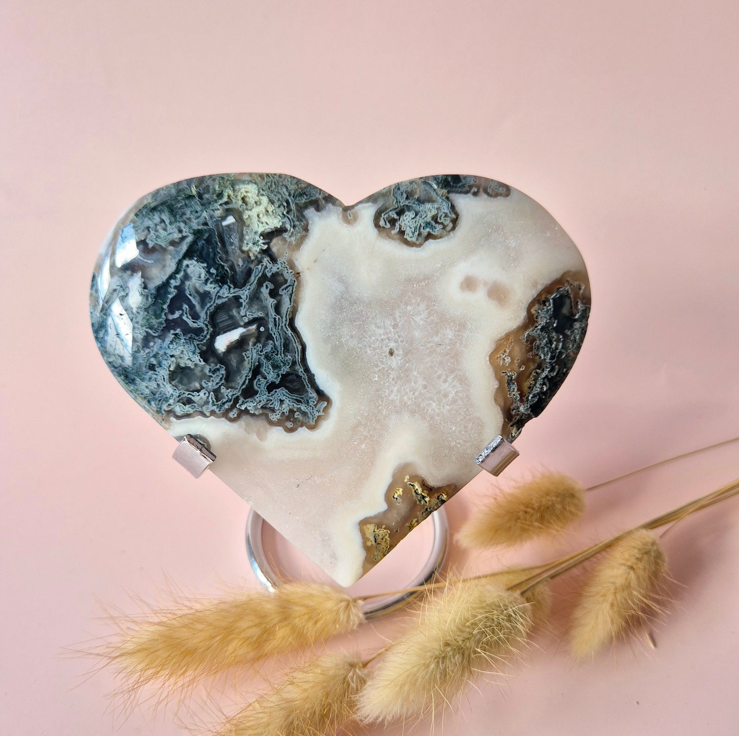 Gemstone Large Druzy Moss Agate Heart on Metal Stand – #70 313grams