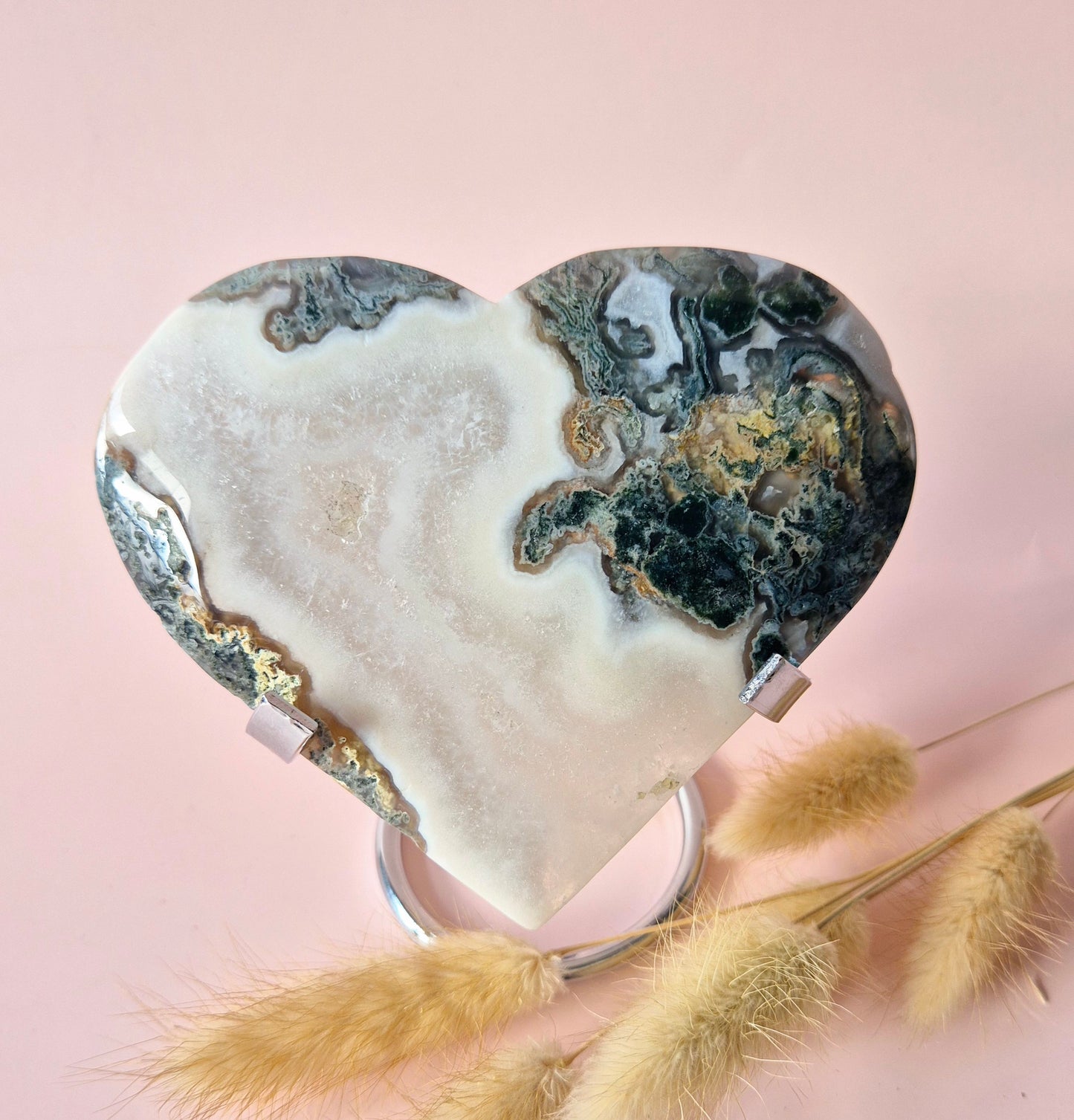 Gemstone Large Druzy Moss Agate Heart on Metal Stand – #70 313grams