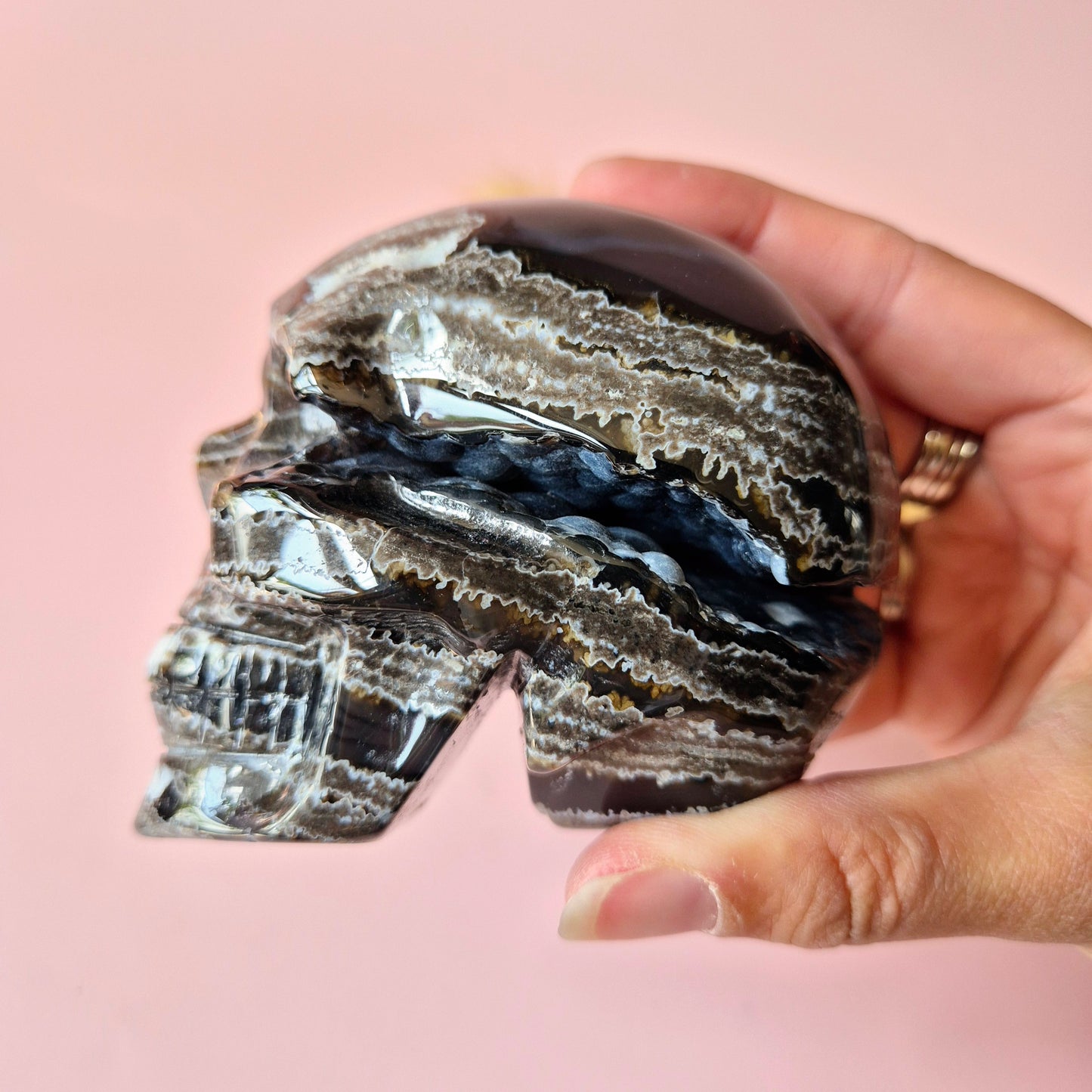 XL Edelsteen Druzy Skull UV-reactieve Volcano Agate Schedel – #2 474gram