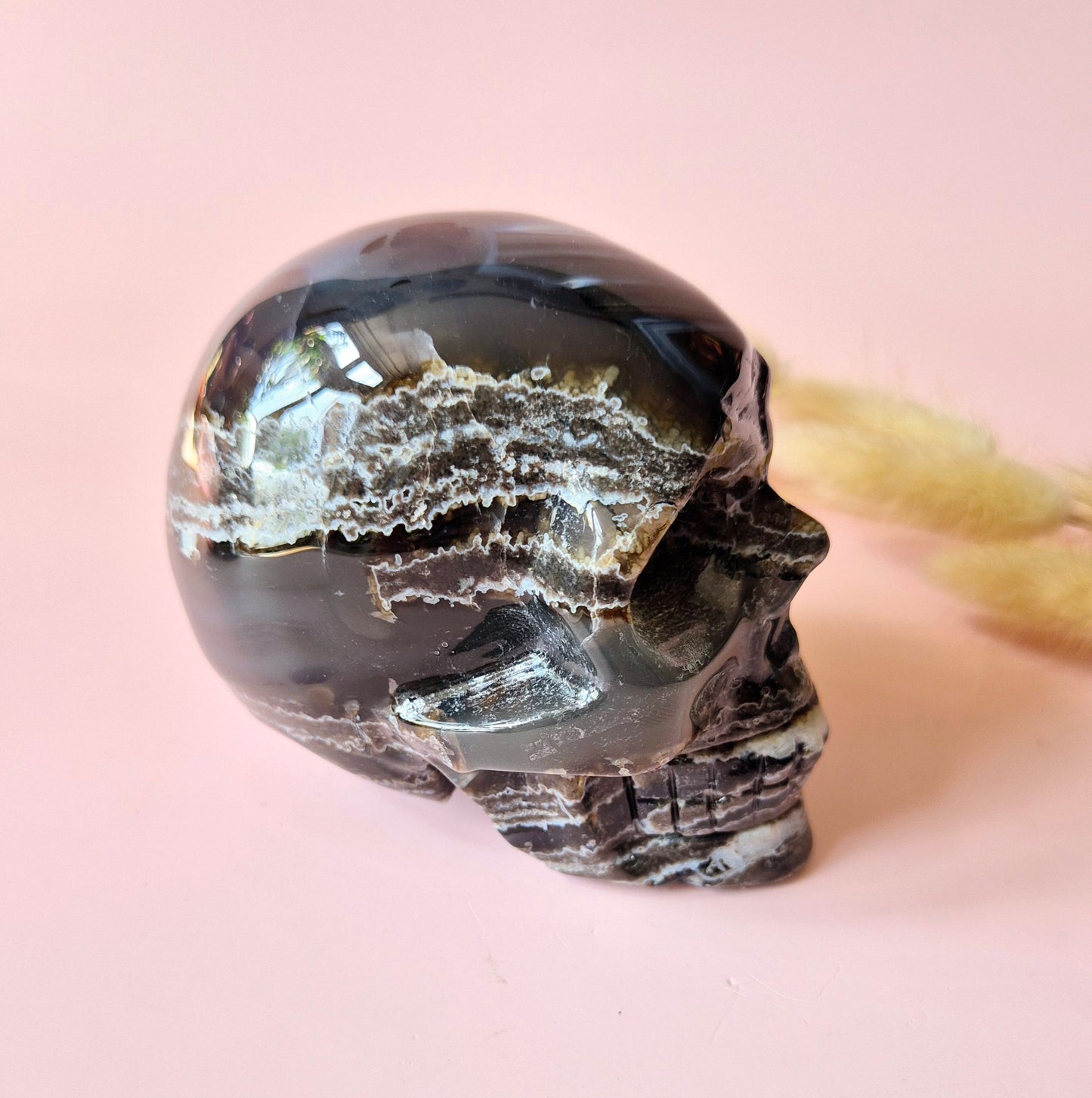 XL Edelsteen Druzy Skull UV-reactieve Volcano Agate Schedel – #2 474gram