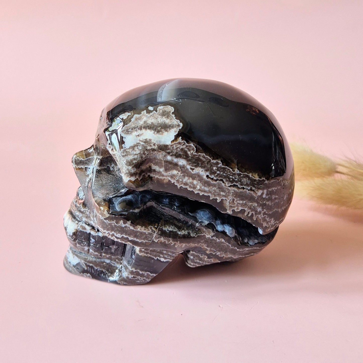 XL Edelsteen Druzy Skull UV-reactieve Volcano Agate Schedel – #2 474gram