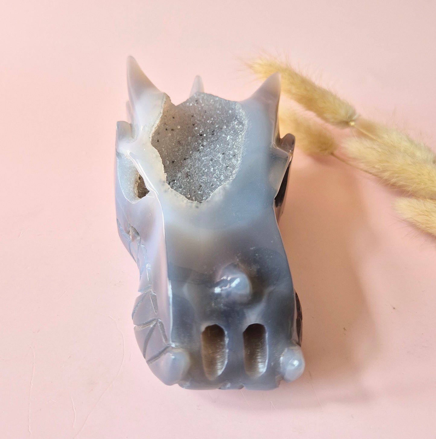 Edelsteen Druzy Grijze Druzy Agaat Drakenschedel – 543g | Bescherming, Intuïtie Dragon Skull