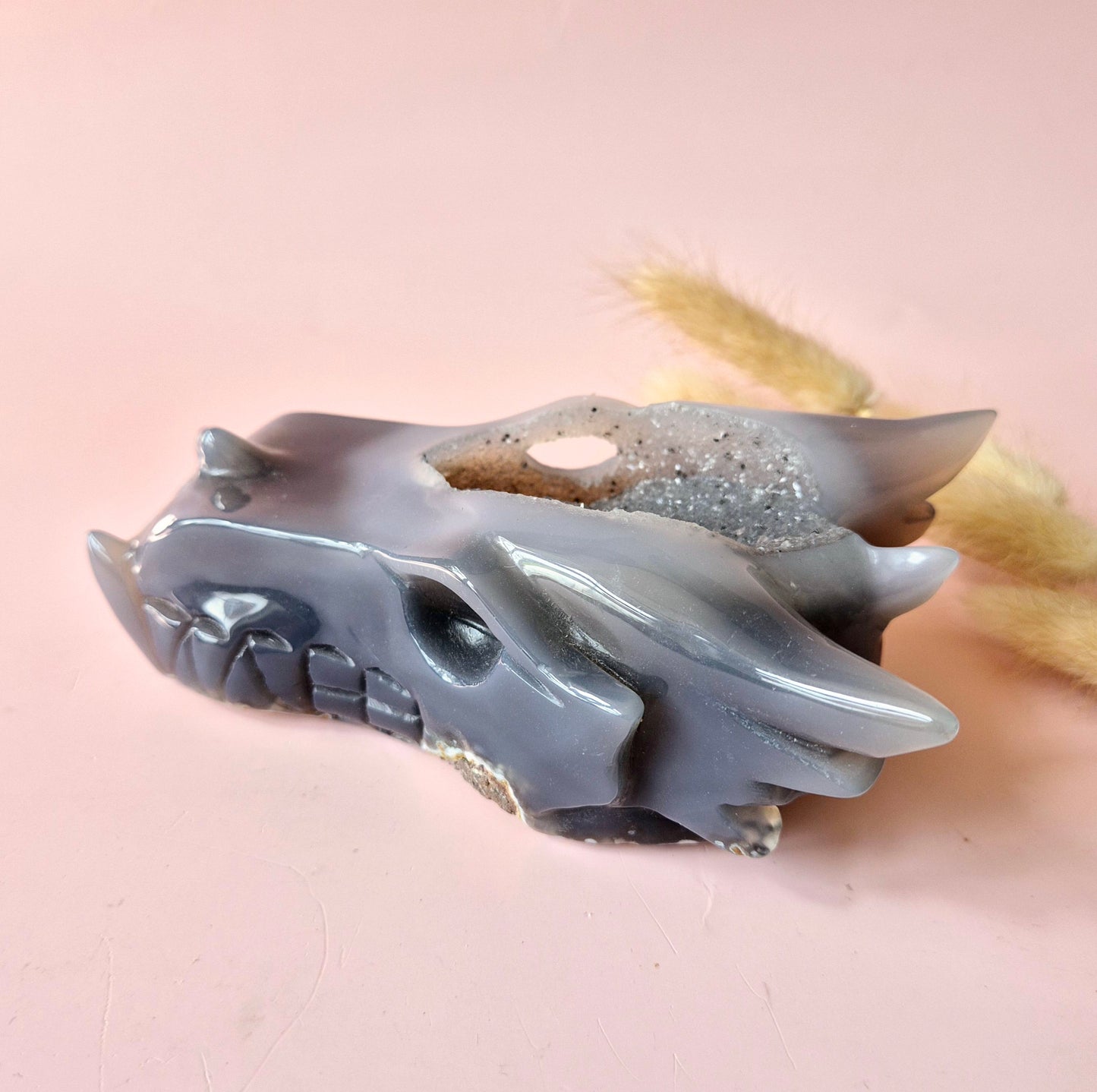 Edelsteen Druzy Grijze Druzy Agaat Drakenschedel – 543g | Bescherming, Intuïtie Dragon Skull