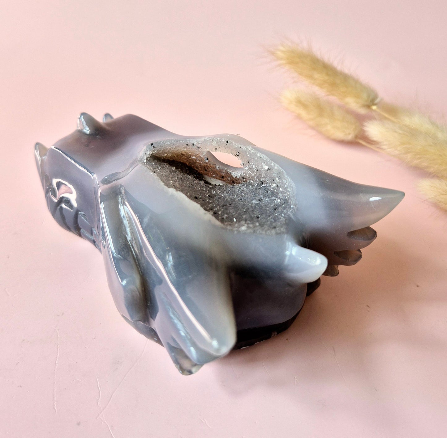 Edelsteen Druzy Grijze Druzy Agaat Drakenschedel – 543g | Bescherming, Intuïtie Dragon Skull