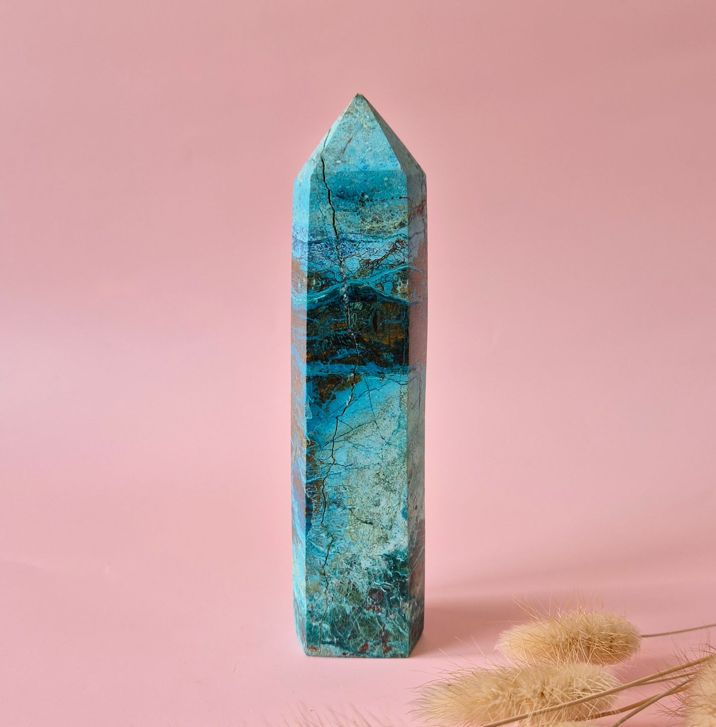XL Edelsteen Chrysocolla Toren – 15x3,5cm – 329g – Hoge kwaliteit