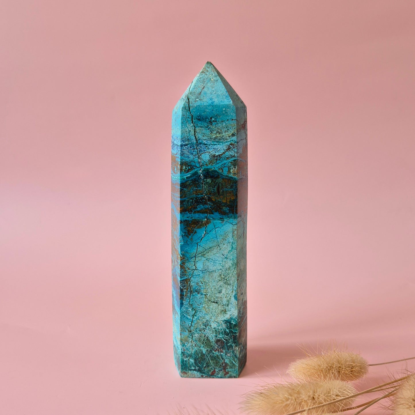 XL Edelsteen Chrysocolla Toren – 15x3,5cm – 329g – Hoge kwaliteit