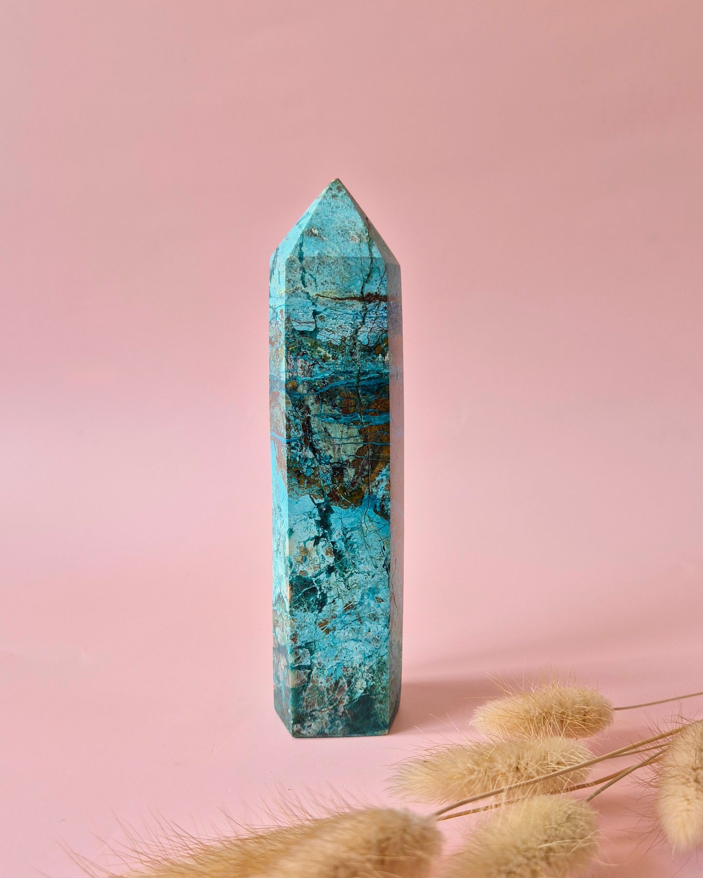 XL Edelsteen Chrysocolla Toren – 15x3,5cm – 329g – Hoge kwaliteit