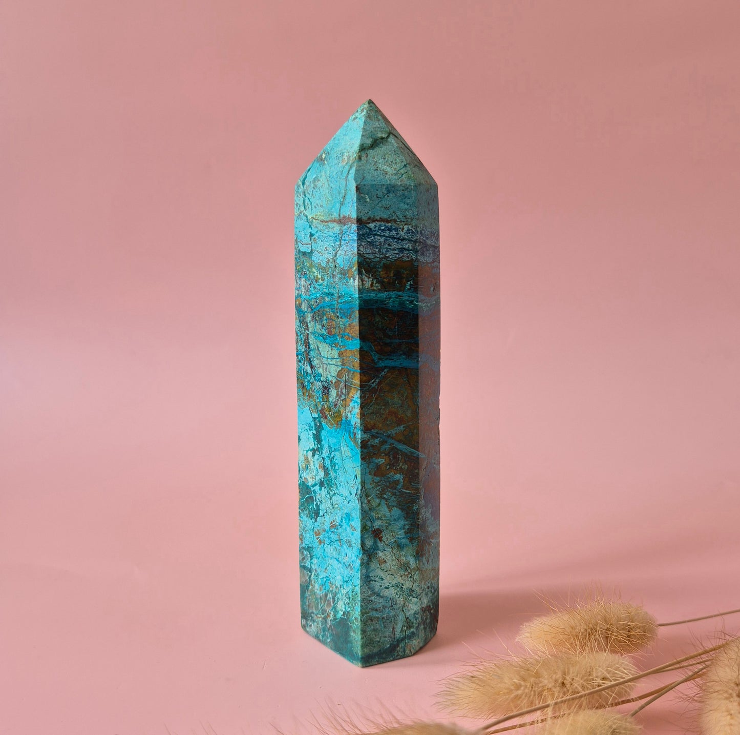XL Edelsteen Chrysocolla Toren – 15x3,5cm – 329g – Hoge kwaliteit