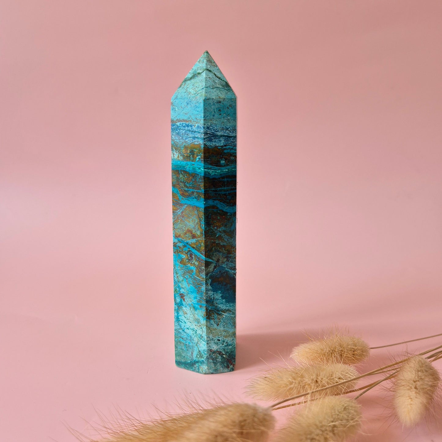 XL Edelsteen Chrysocolla Toren – 15x3,5cm – 329g – Hoge kwaliteit