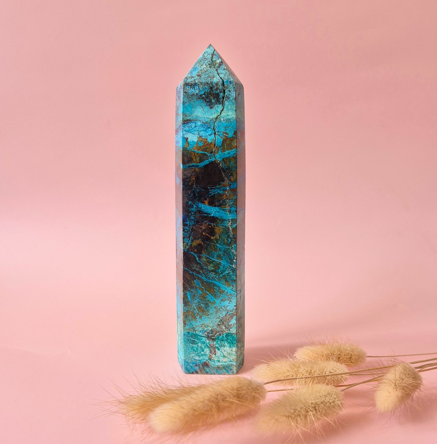 XL Edelsteen Chrysocolla Toren – 17,5x4cm – 426g – Hoge kwaliteit
