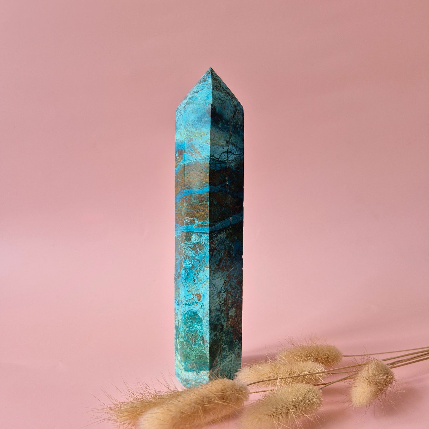XL Edelsteen Chrysocolla Toren – 17,5x4cm – 426g – Hoge kwaliteit
