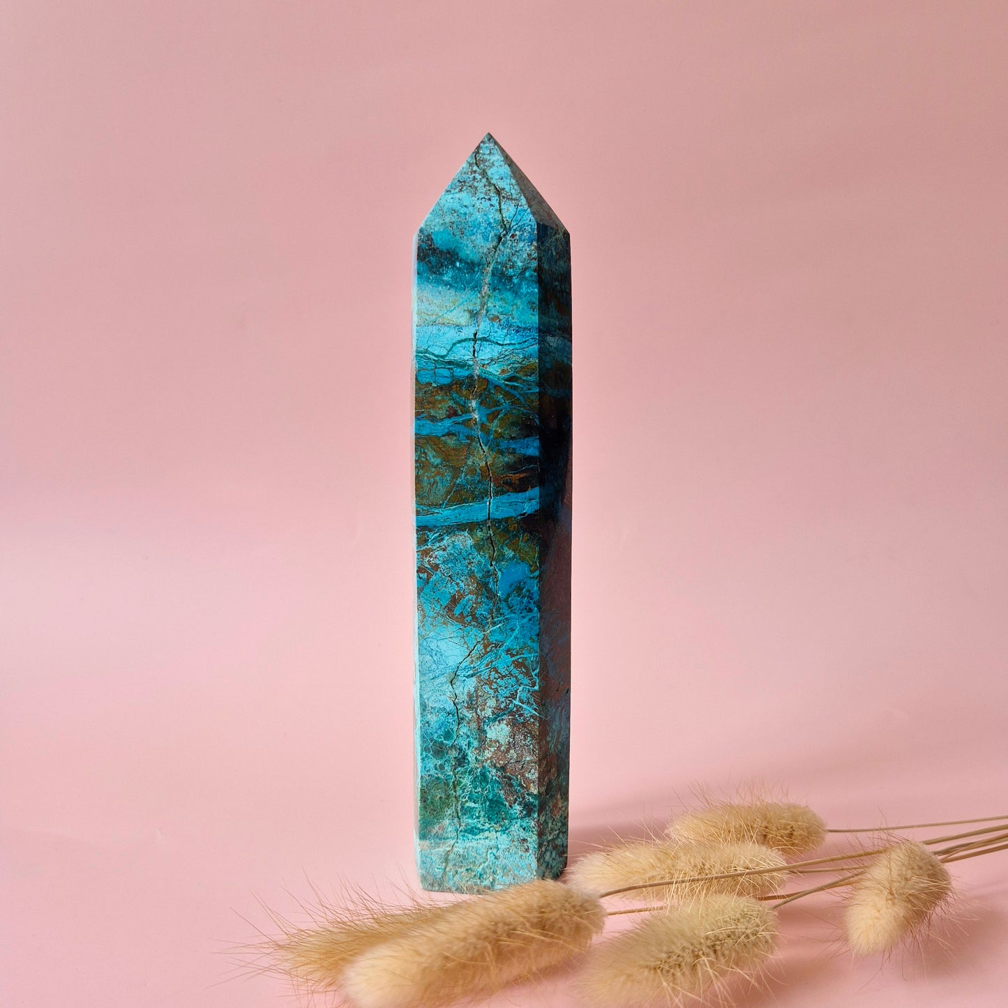 XL Edelsteen Chrysocolla Toren – 17,5x4cm – 426g – Hoge kwaliteit