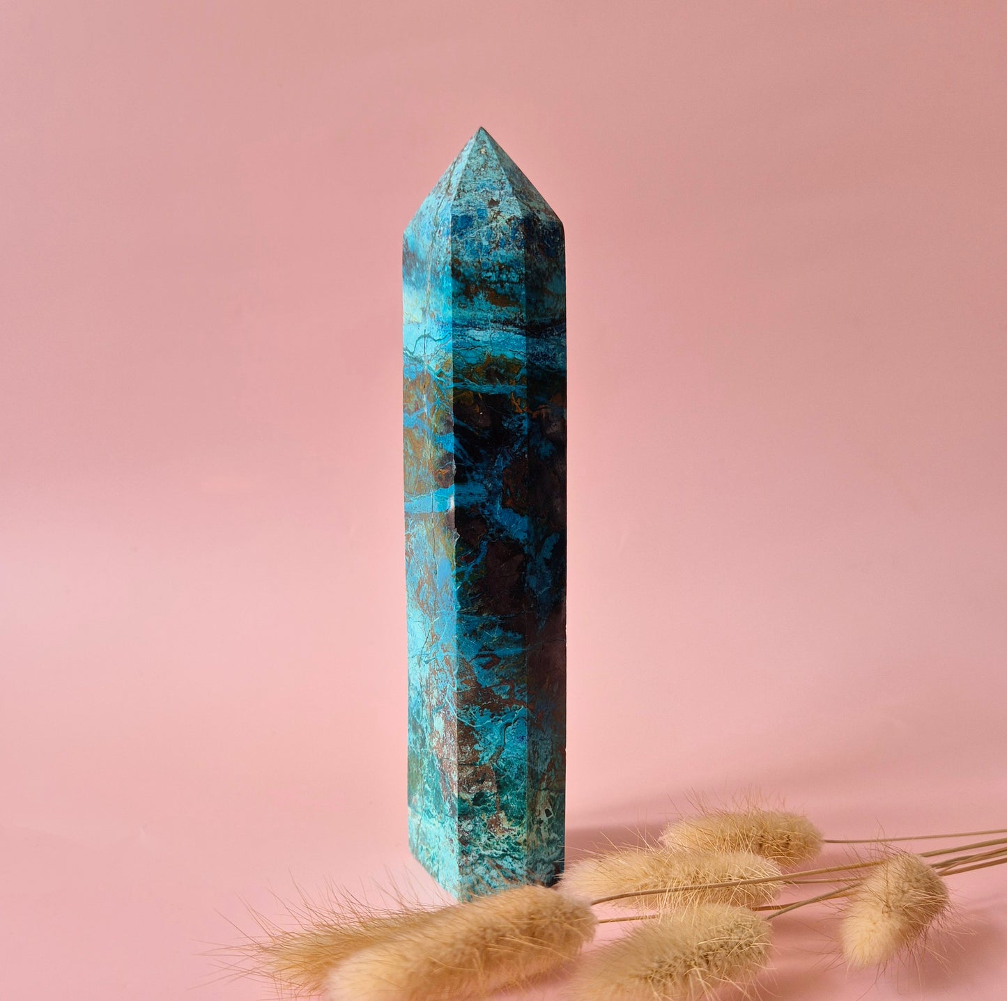XL Edelsteen Chrysocolla Toren – 17,5x4cm – 426g – Hoge kwaliteit