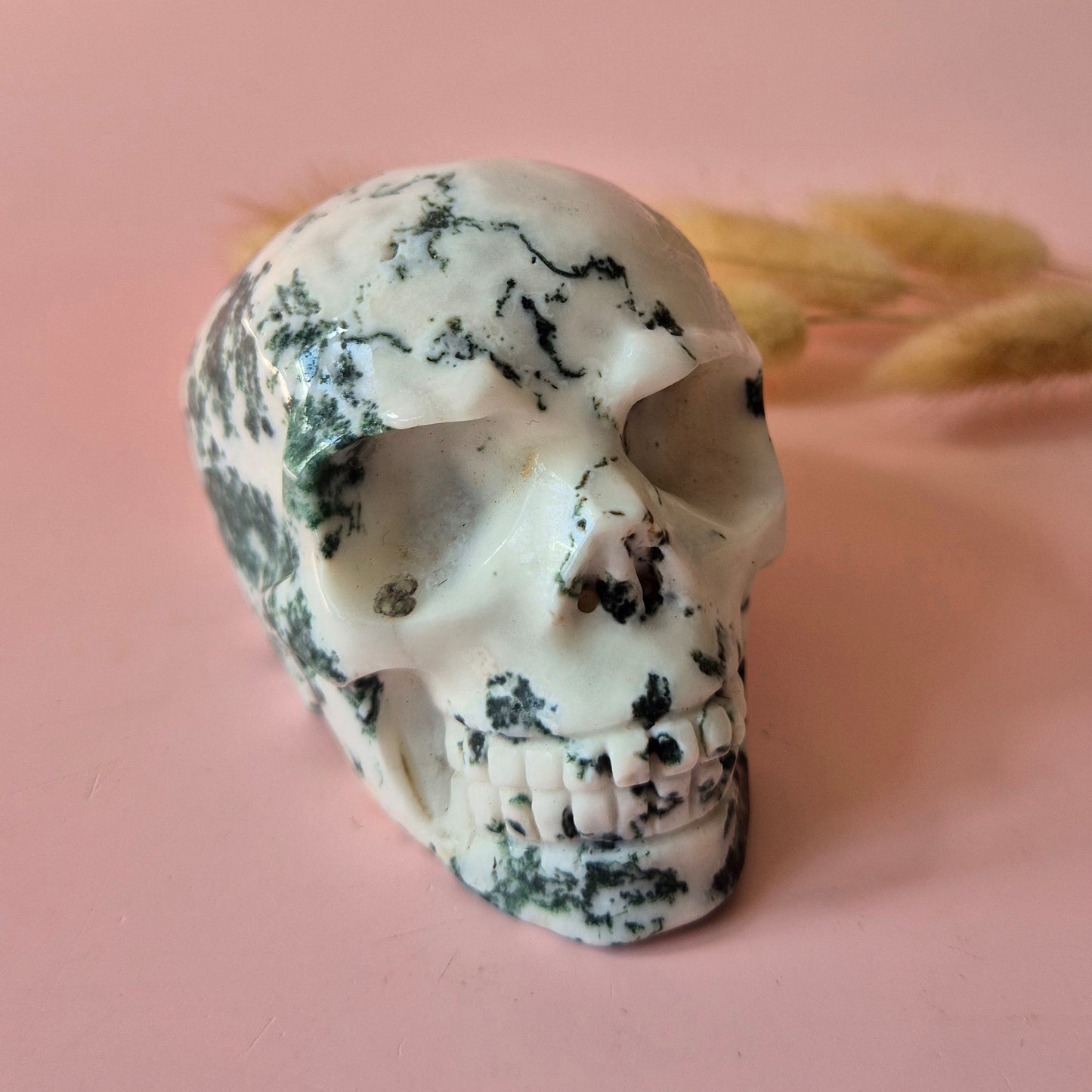 XL Edelsteen Skull Moss Agate schedel #7 - 9cm 413gram Skull