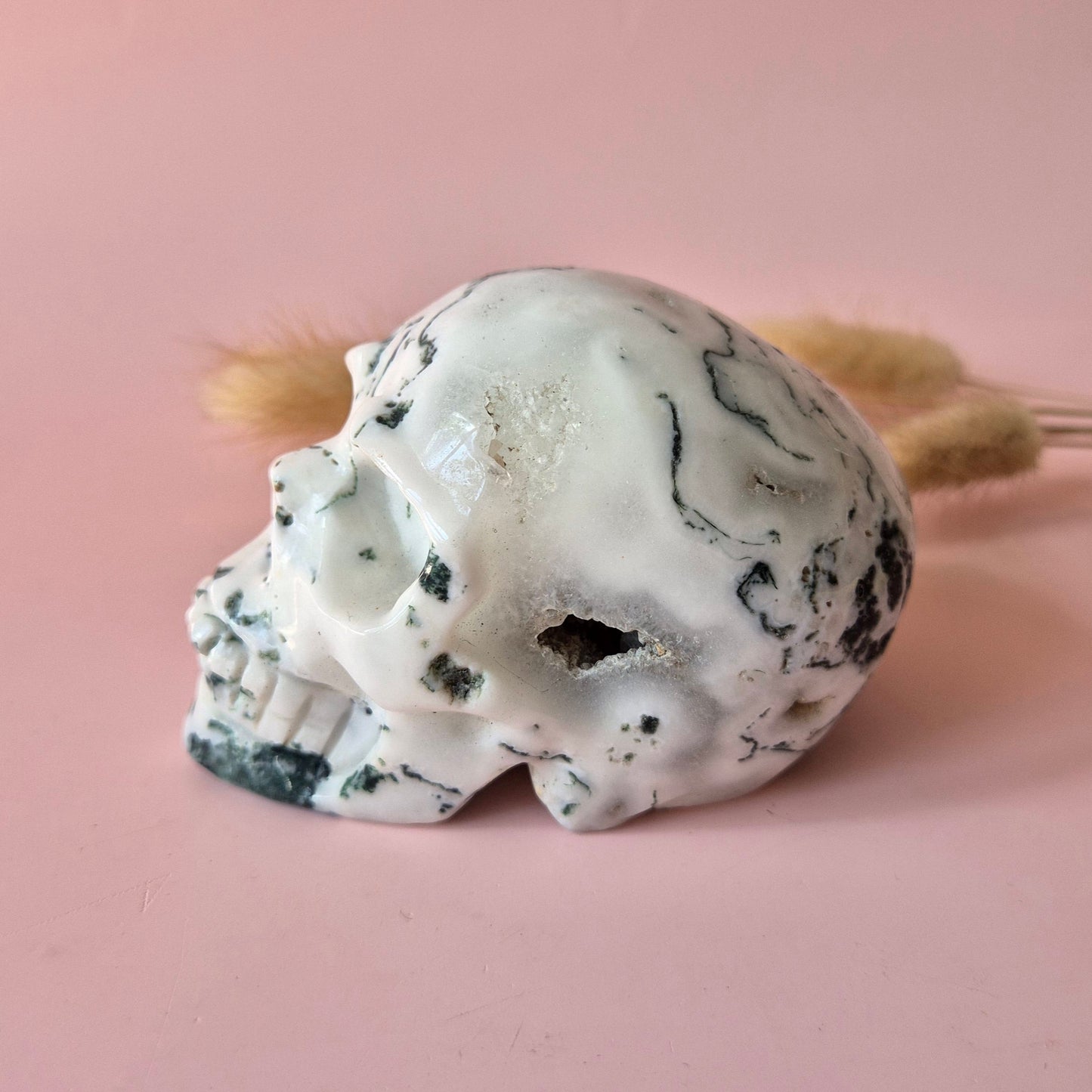 XL Edelsteen Skull Moss Agate schedel #7 - 9cm 413gram Skull