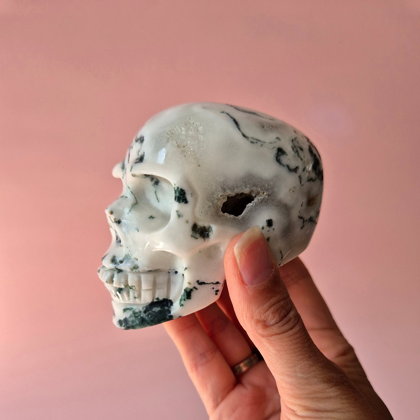 XL Edelsteen Skull Moss Agate schedel #7 - 9cm 413gram Skull