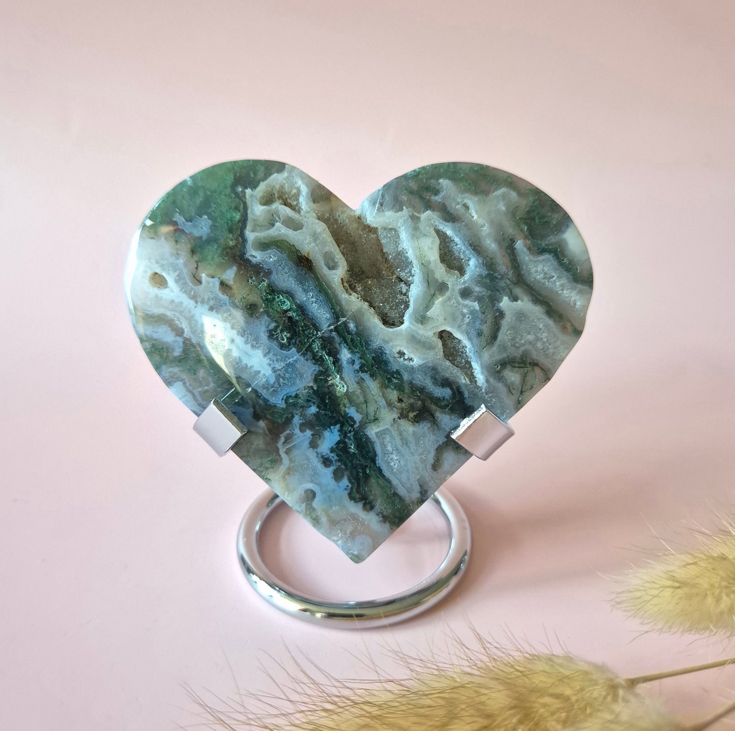 Edelstein Druzy Moosachat Herz auf Metallständer – Nr. 77 151 Gramm