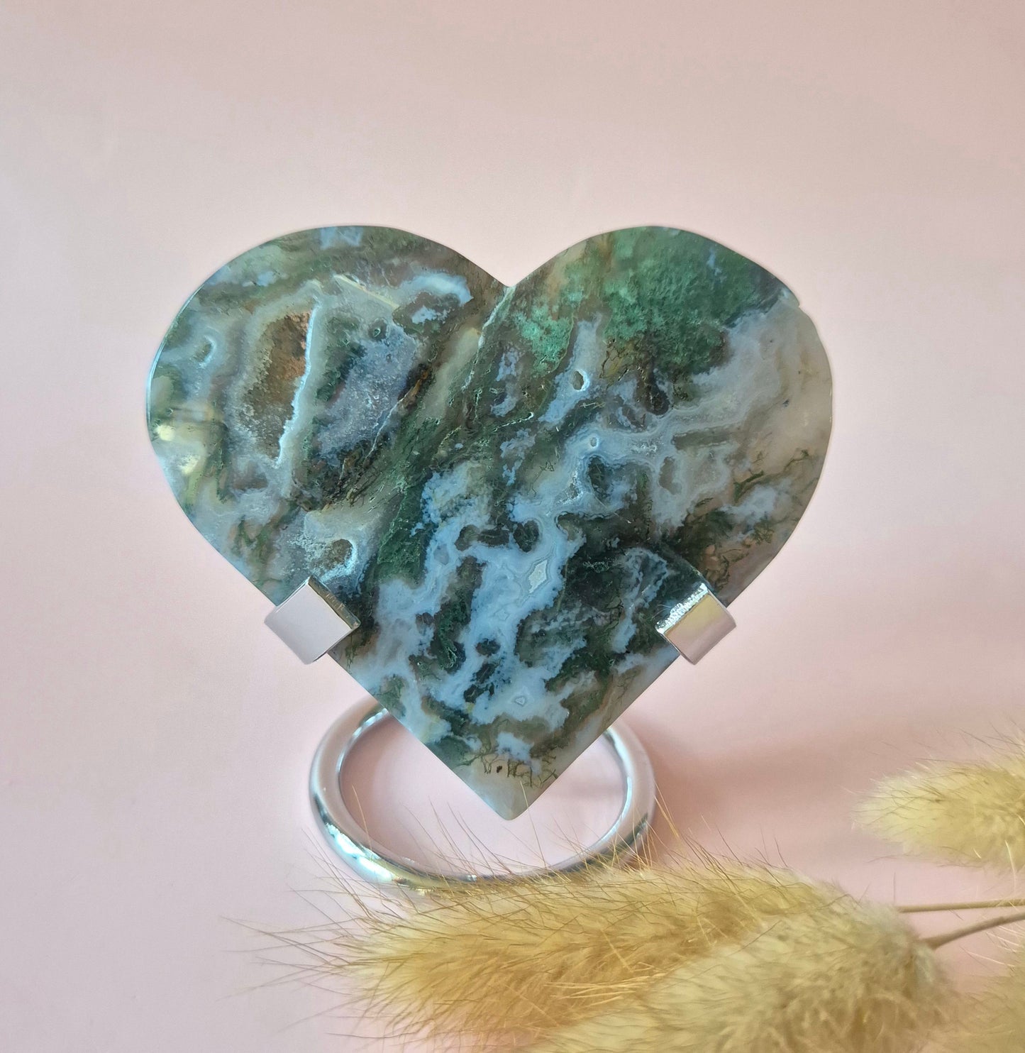 Edelstein Druzy Moosachat Herz auf Metallständer – Nr. 77 151 Gramm