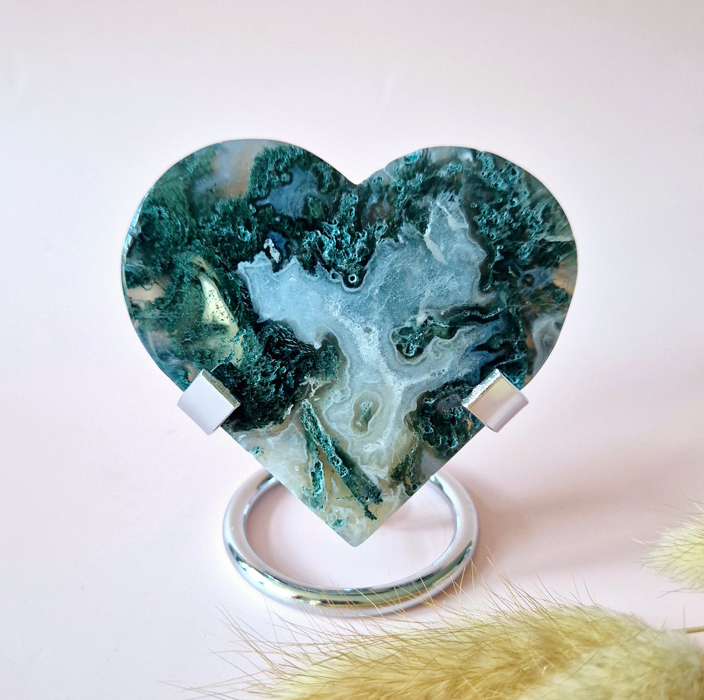 Edelstein Druzy Moosachat Herz auf Metallständer – Nr. 81 129 Gramm