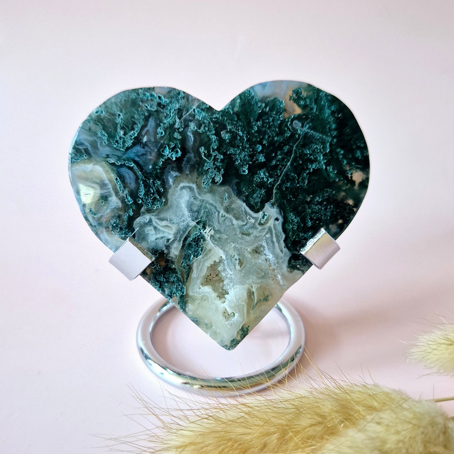 Edelstein Druzy Moosachat Herz auf Metallständer – Nr. 81 129 Gramm