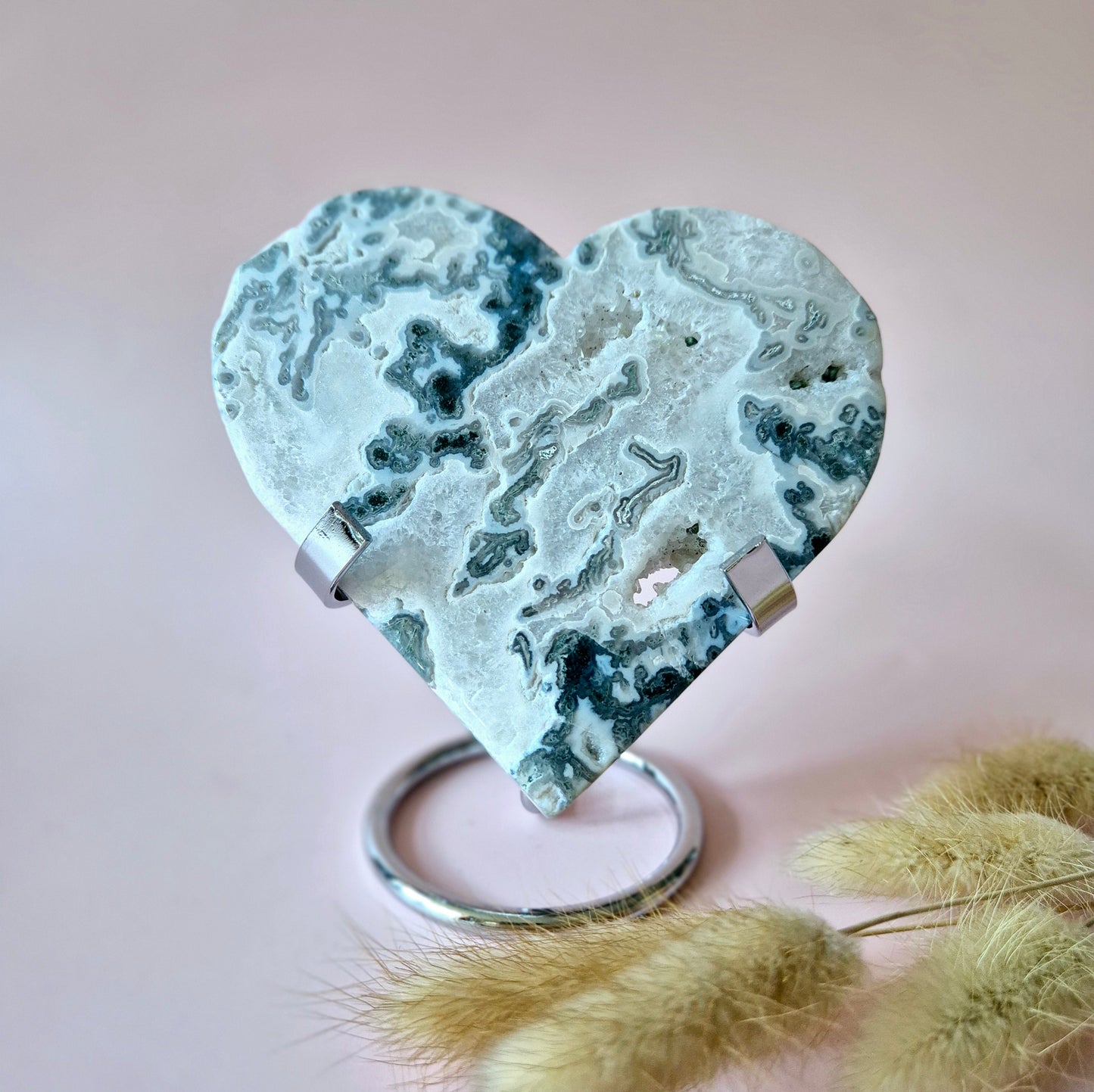 Edelstein Druzy Moosachat Herz auf Metallständer – Nr. 90 269 Gramm