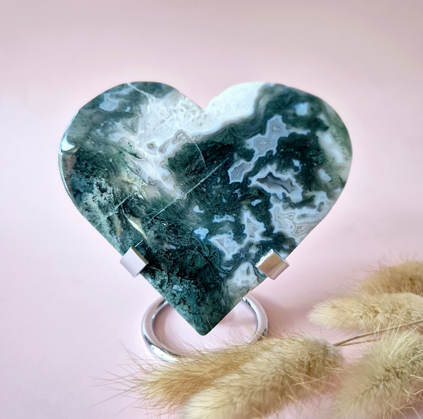 Edelsteen Druzy Mosagaat Hart op Metalen Standaard – #92 222gram