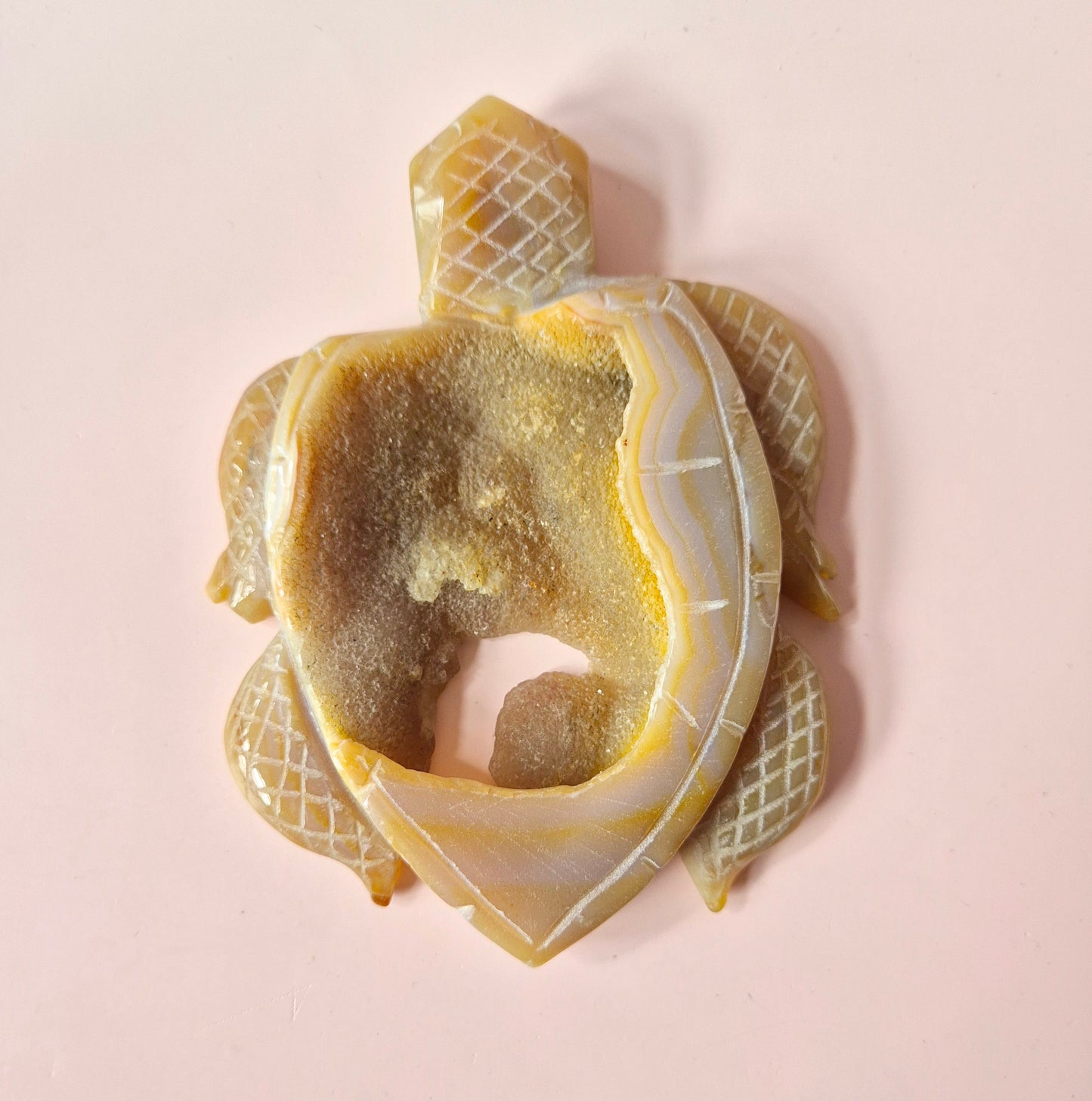 Edelsteen Grote grijze agaat schildpad met druzy (8–12 cm) #12 – handgesneden edelsteen carving