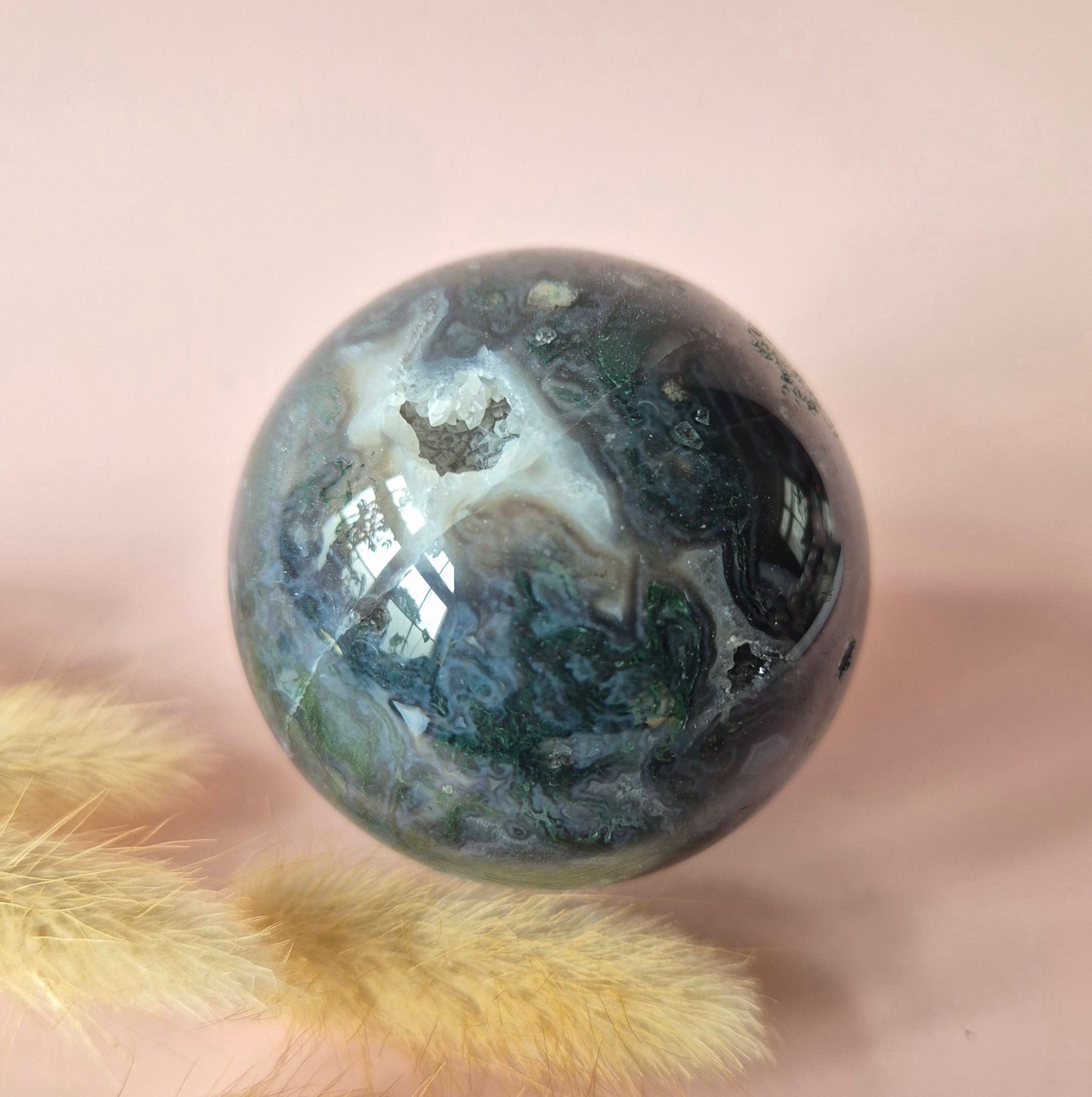 Kristall Edelstein Kugel Moosachat Druzy Kugel 50mm, 273g #F