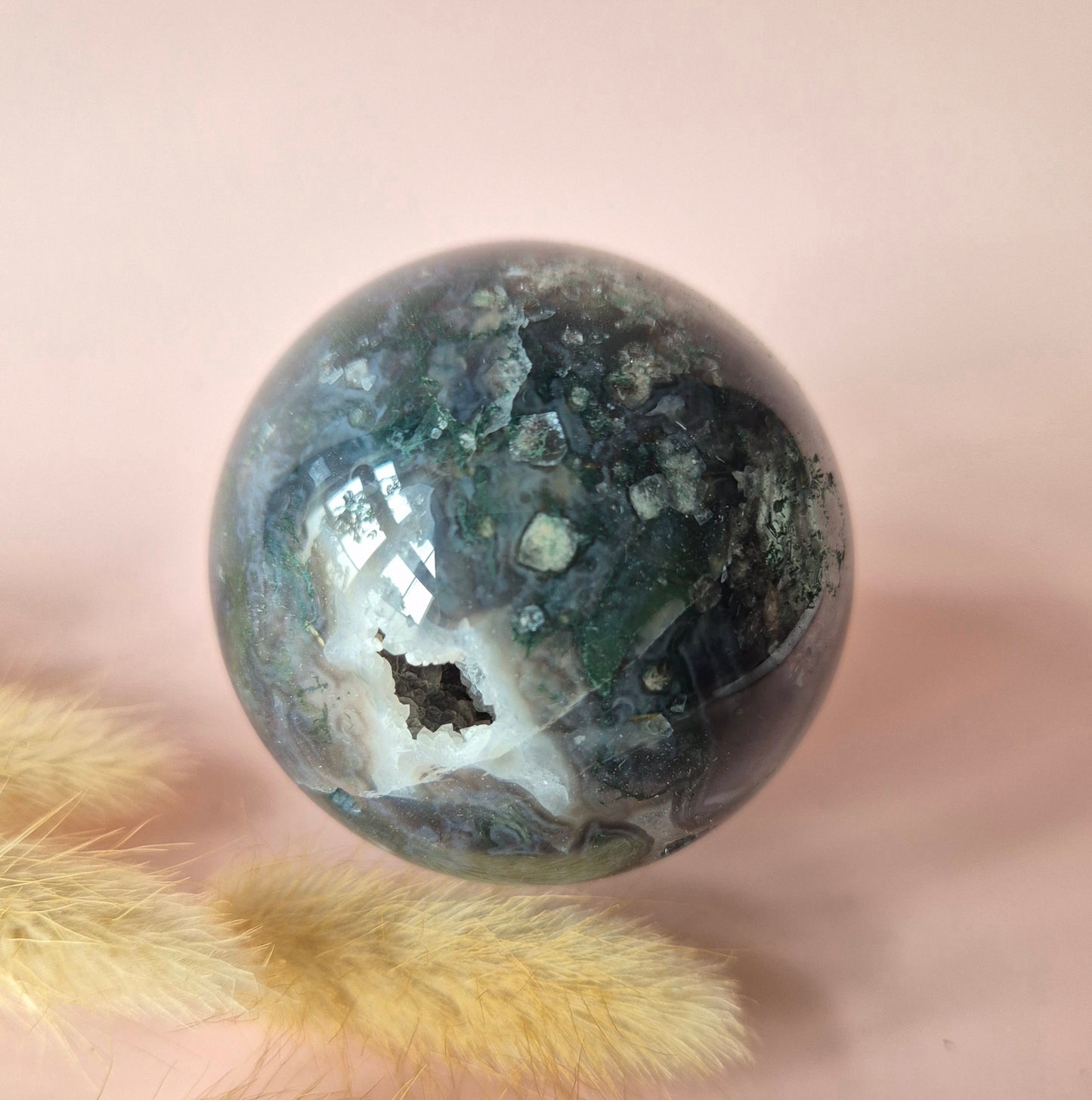 Kristall Edelstein Kugel Moosachat Druzy Kugel 50mm, 273g #F