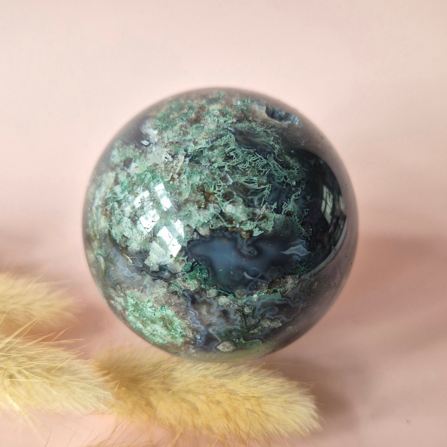 Kristall Edelstein Kugel Moosachat Druzy Kugel 50mm, 273g #F