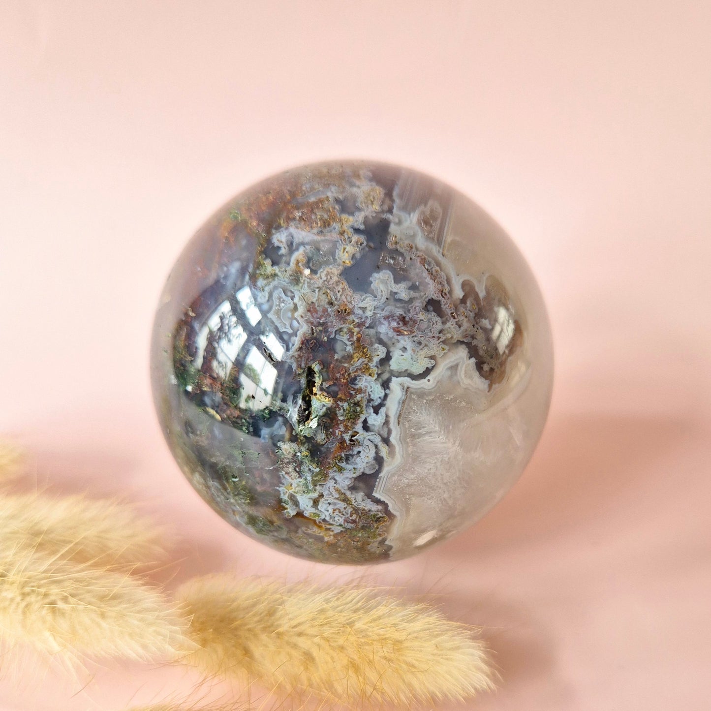 Kristall Edelstein Kugel Moosachat Druzy Kugel 55mm, 372g #G