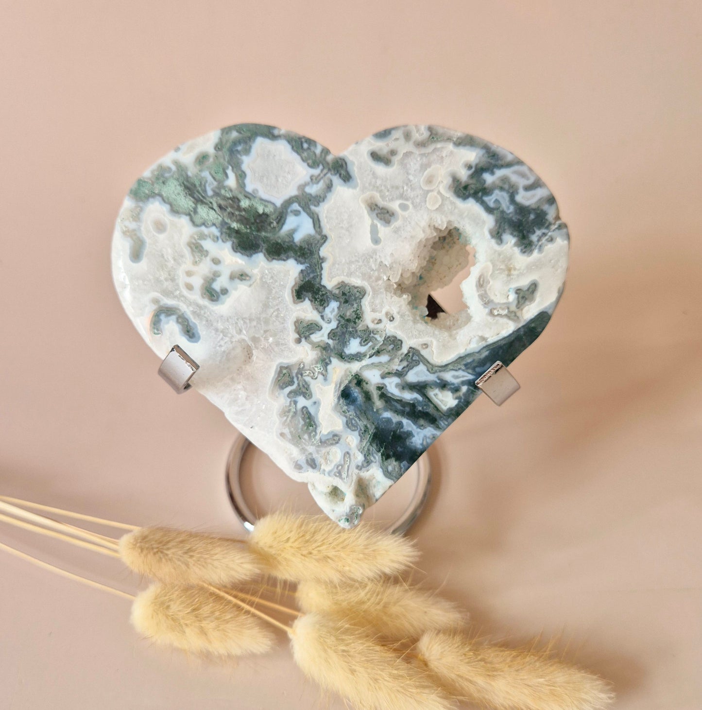 Edelstein Druzy Moosachat Herz auf Metallständer – Nr. 93 230 Gramm