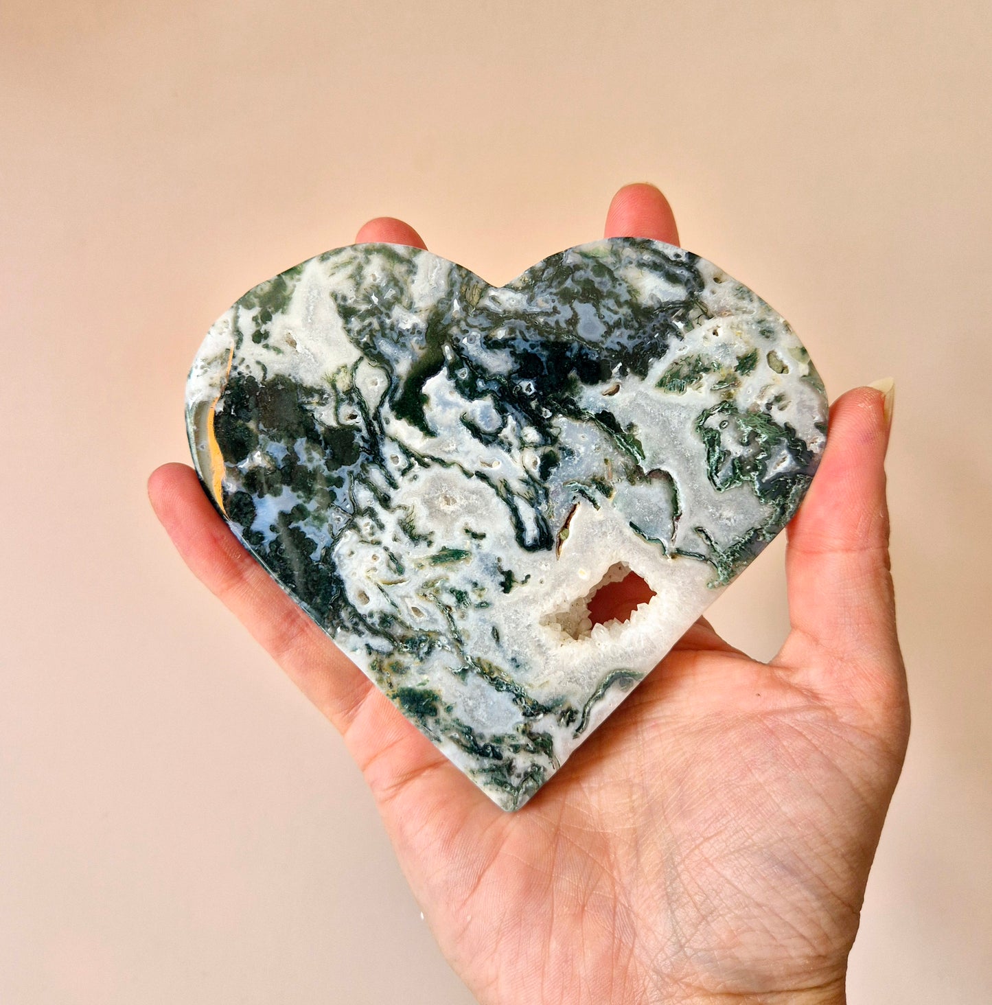 Edelstein Druzy Moosachat Herz auf Metallständer – Nr. 93 230 Gramm