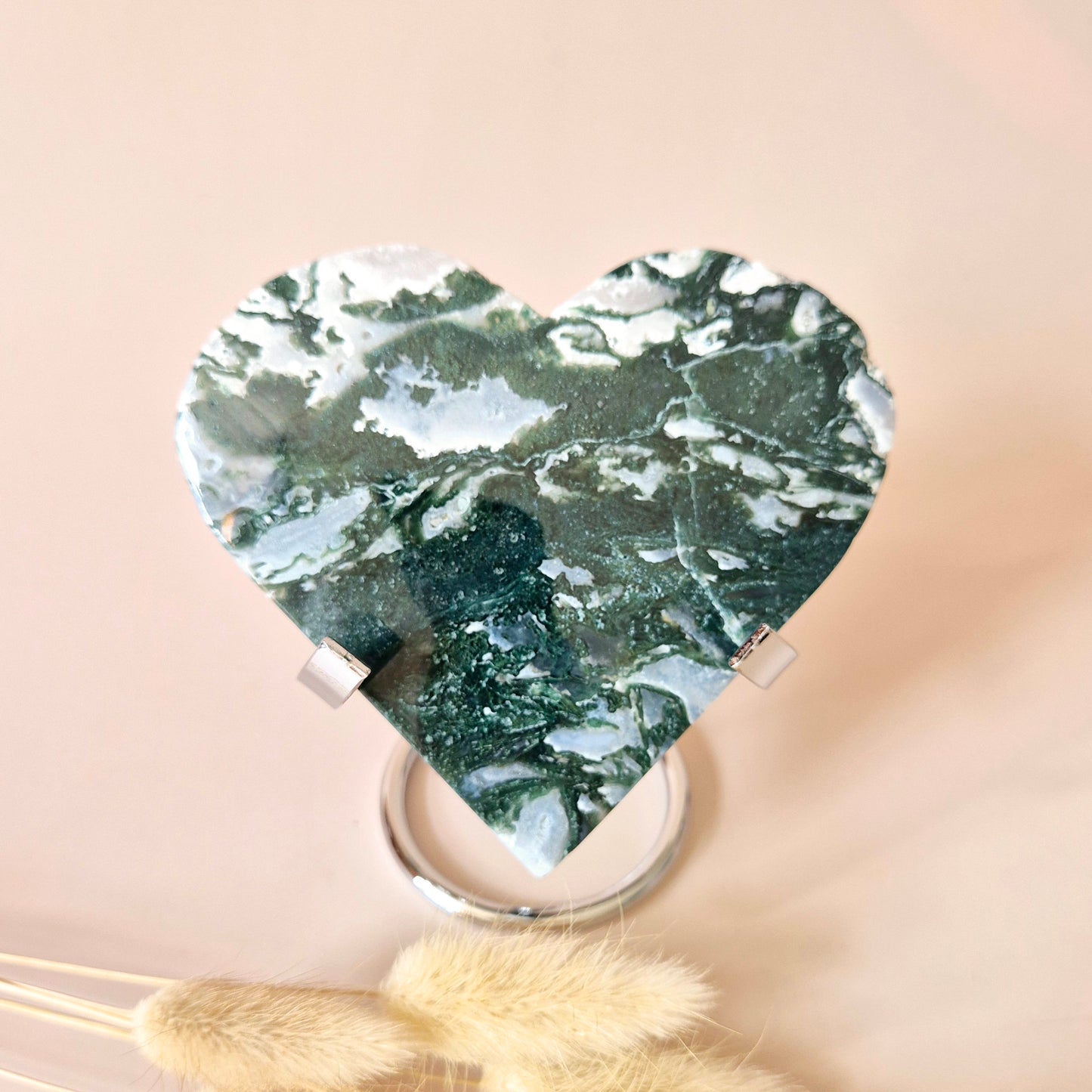 Edelstein Druzy Moosachat Herz auf Metallständer – Nr. 93 230 Gramm