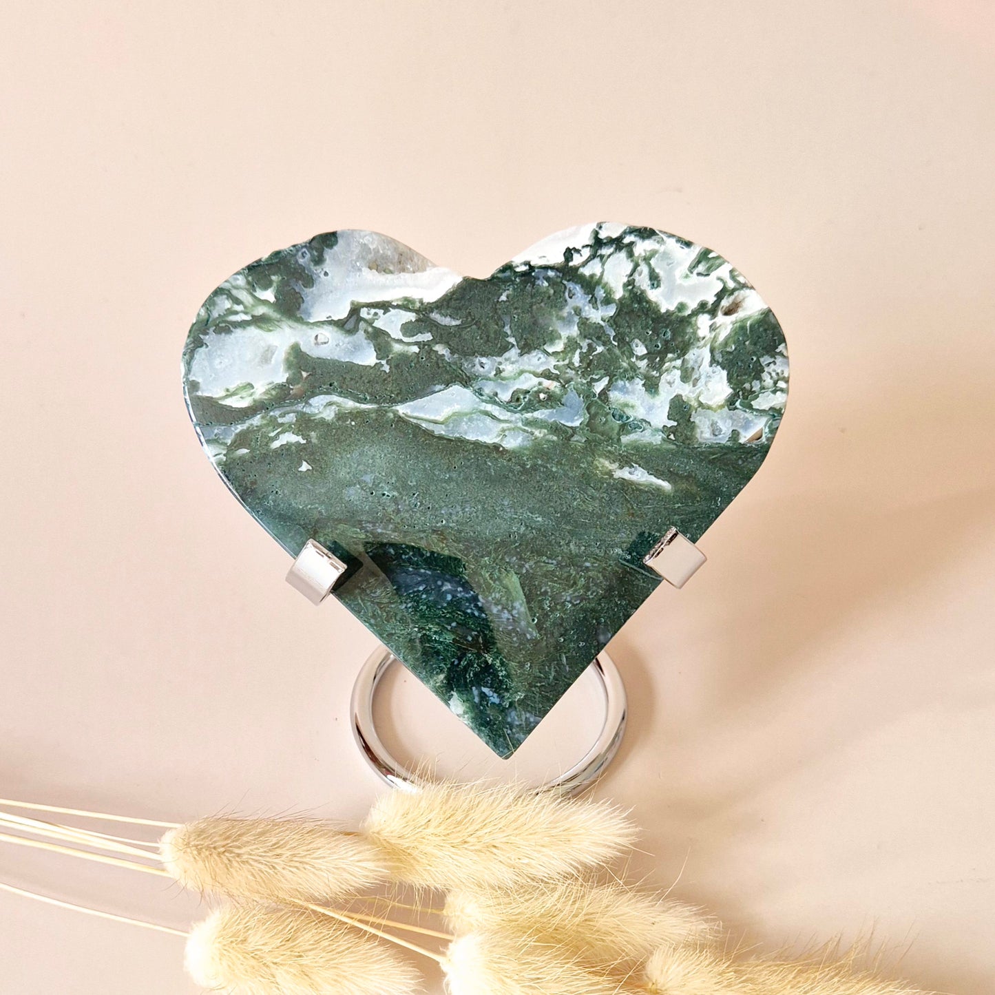 Edelstein Druzy Moosachat Herz auf Metallständer – Nr. 93 230 Gramm
