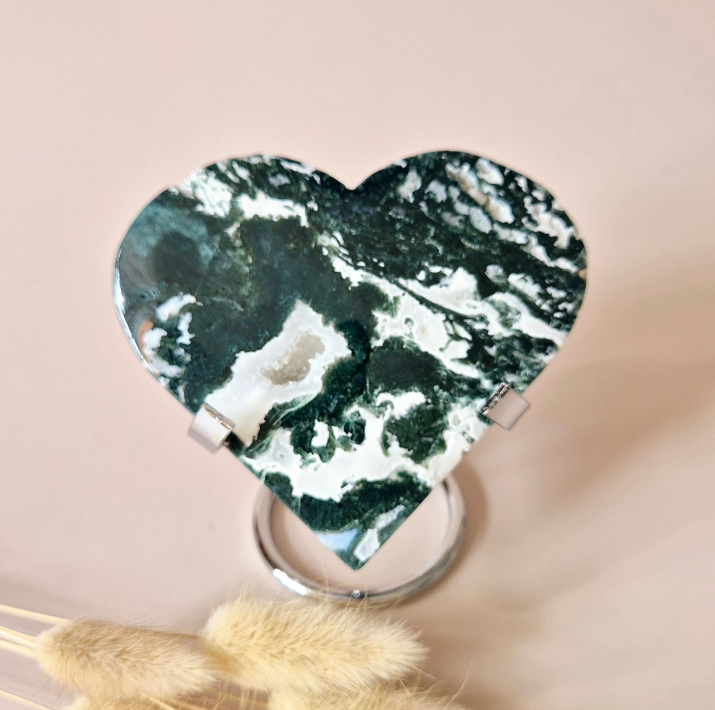 Edelsteen Druzy Mosagaat Hart op Metalen Standaard – #98 250gram