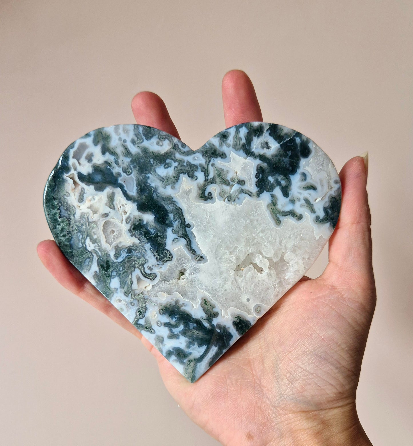 Edelsteen Druzy Mosagaat Hart op Metalen Standaard – #109 300gram