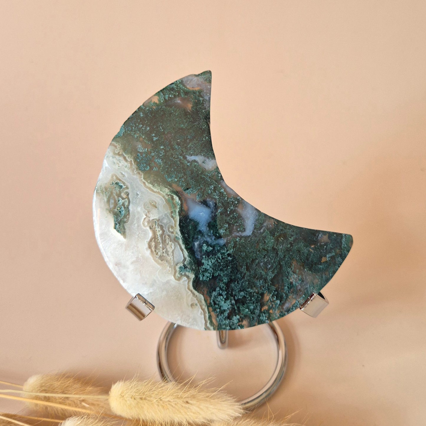 XL Edelsteen Mosagaat Maan op Standaard (Druzy & Patronen) #162 - 127g