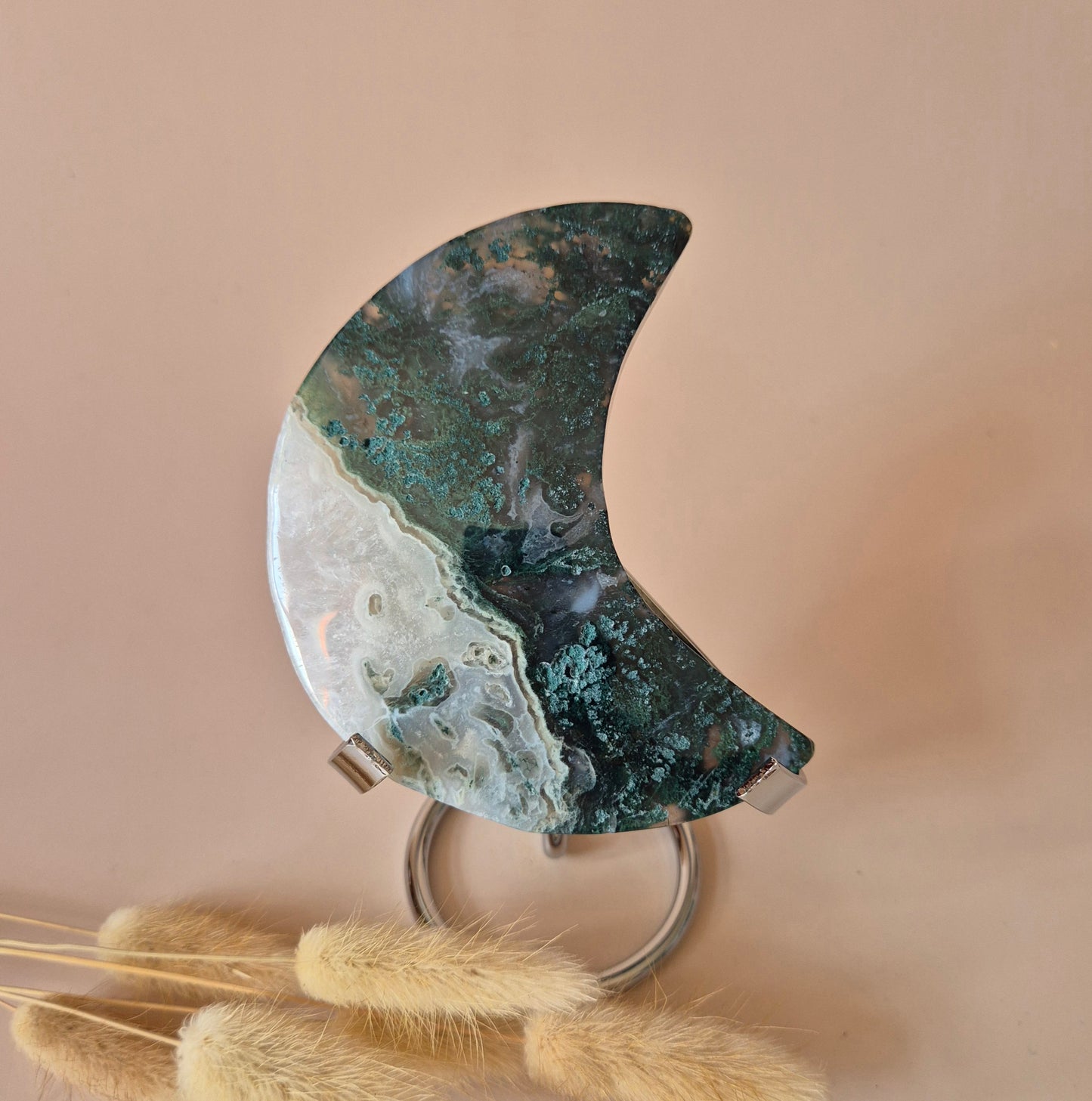 XL Edelsteen Mosagaat Maan op Standaard (Druzy & Patronen) #162 - 127g
