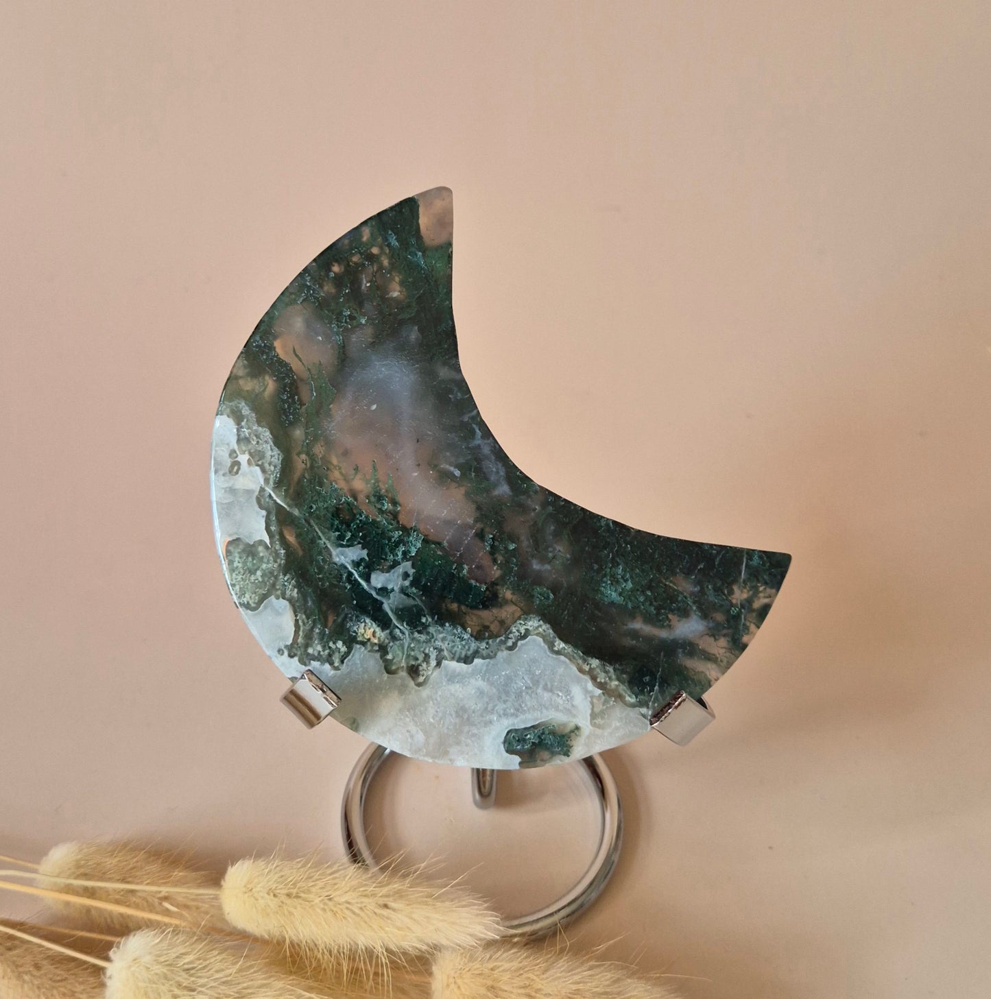 XL Edelsteen Mosagaat Maan op Standaard (Druzy & Patronen) #163 - 150g