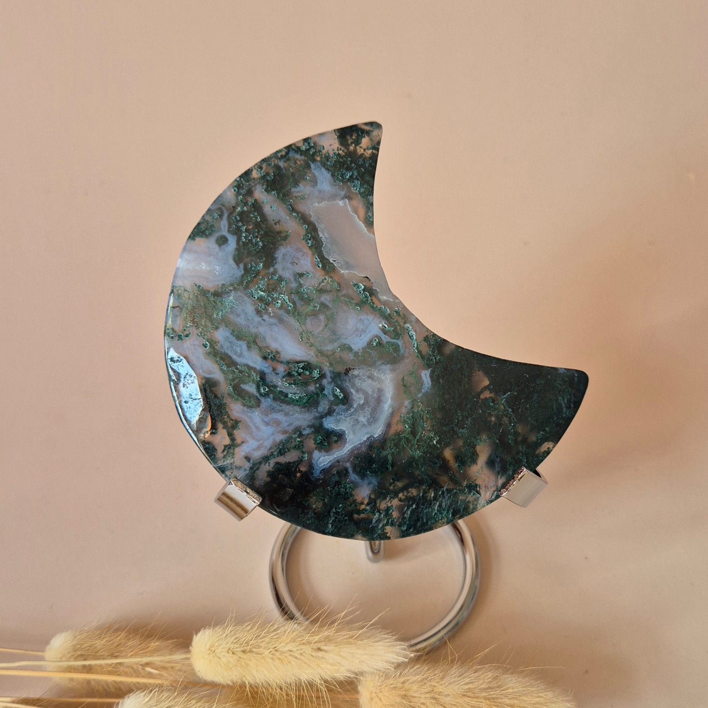 XL Edelsteen Mosagaat Maan op Standaard (Druzy & Patronen) #164 - 155g