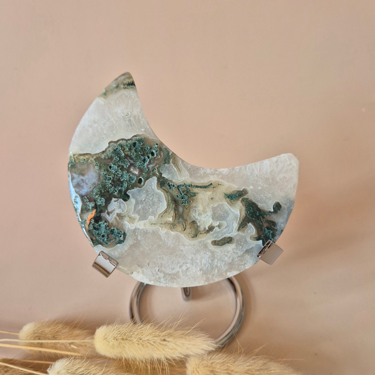XL Edelsteen Mosagaat Maan op Standaard (Druzy & Patronen) #165 - 137g