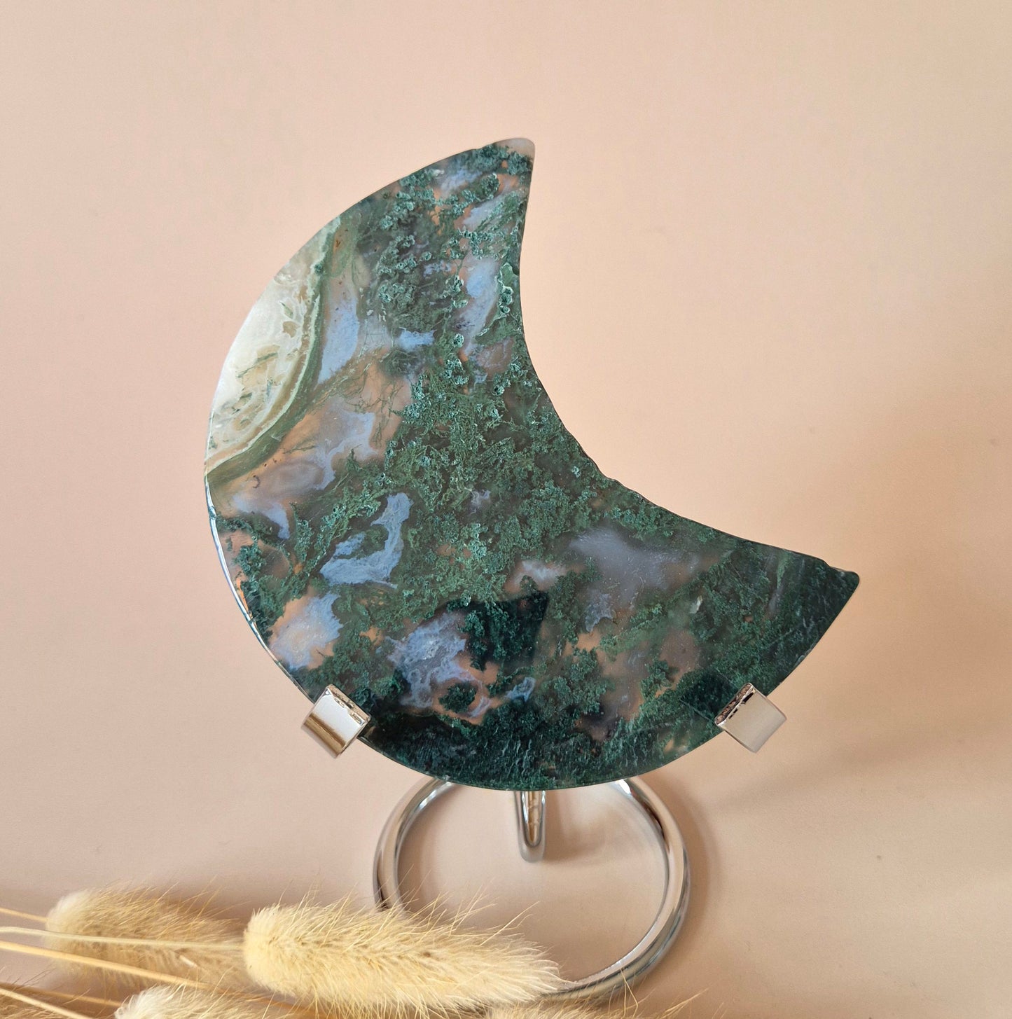 XL Edelsteen Mosagaat Maan op Standaard (Druzy & Patronen) #167 - 210g