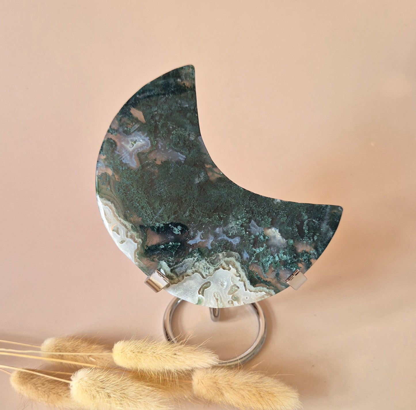 XL Edelsteen Mosagaat Maan op Standaard (Druzy & Patronen) #170 - 252g